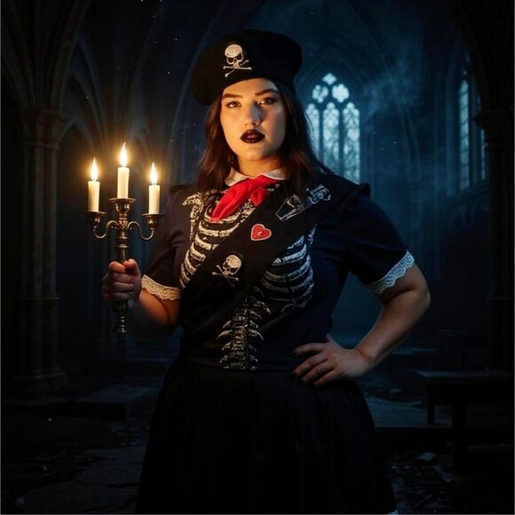 Plus Size Skeleton Girl Scout Costume Set by Trickz N Treatz – Moonlit Mischief - Picture 2 of 2